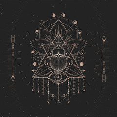 Vector illustration with hand drawn Scarab and Sacred geometric symbol on black vintage background. Abstract mystic sign.