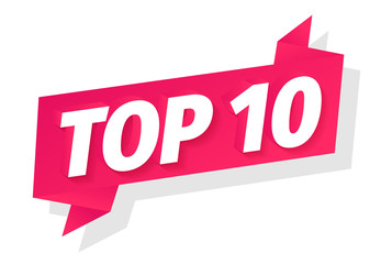 Top 10. Best ten list. 3D red word on pink ribbon. Winner tape award text title. Vector color Illustration clipart.