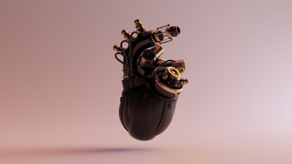 Black Artificial Cyborg Heart With Gold Fittings and Rubber Tubes 3d illustration 3d render