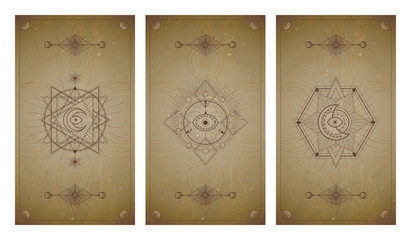 .Vector set of three vintage backgrounds with geometric symbols and frames. Abstract geometric symbols and sacred mystic signs drawn in lines.