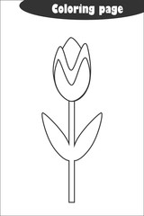 Tulip in cartoon style, coloring page, spring education paper game for the development of children, kids preschool activity, printable worksheet, vector illustration