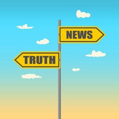 Road signs with News and Truth text pointing in opposite directions.