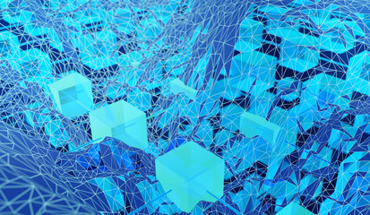 Blockchain concept 3d rendering with blue cubes and chains stands as cryptocurrency digital code chain.