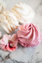 Fototapeta na wymiar Beautiful delicious dessert. Zephyr in the shape of flowers roses.