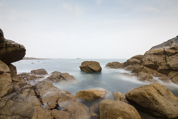 Fototapeta na wymiar Coastline with rocks in Brittany, France, Brittany, Department Finistere