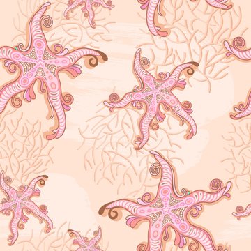 Starfish and Coral Pink Pastel Vector Seamless Pattern Design