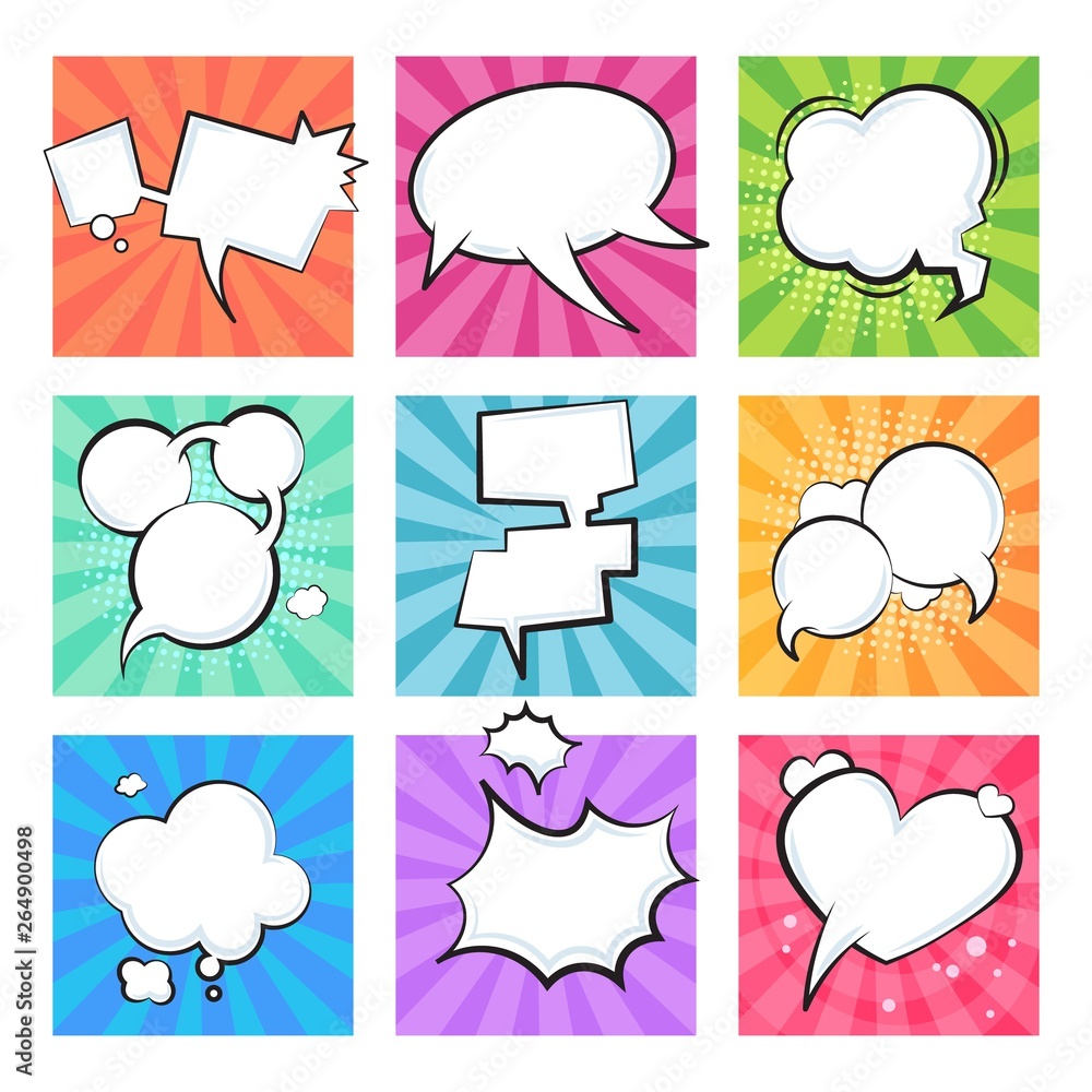 Poster Cartoon comic bubbles. Speech retro balloons explosive cloud element text message shape comics balloon shapes. Vector text wordings clouds set