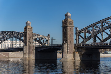Fototapeta na wymiar Bolsheokhtinsky or Peter the Great bridge across Neva River. St. Petersburg, Russia