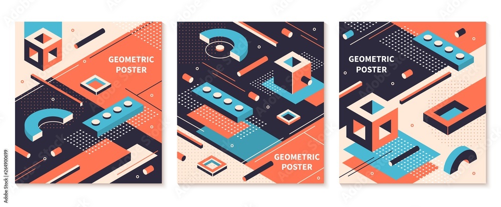 Poster isometric shapes poster. 3d abstract geometric brochures, futuristic technology backgrounds. vector 