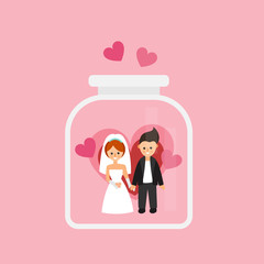 Bride and groom. Happy wedding couple. Love symbol in a jar flat style illustration