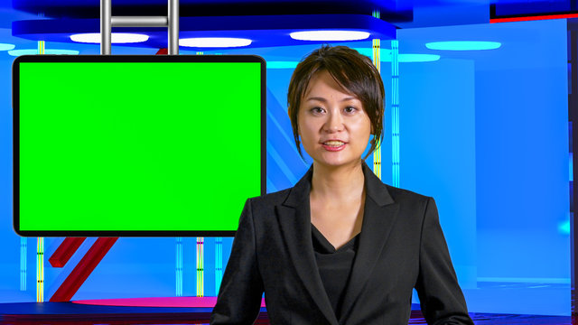 Female Asian News anchorwoman in virtual TV studio, original design elements
