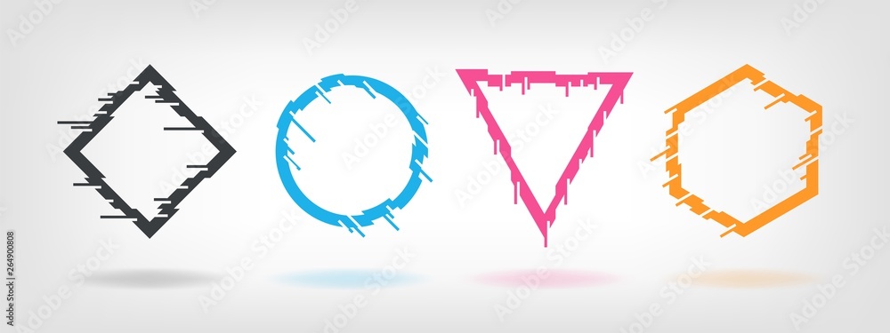 Poster glitch effect frames. tv distortion geometric shapes, party flyer futuristic interference effect. ve
