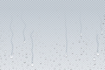 Water drops background. Shower steam condensation drips on transparent glass, rain drops on window. Vector realistic shower water drops - obrazy, fototapety, plakaty