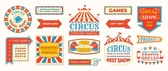 Fotobehang Retro compositie Circus labels. Carnival retro banner signs, vintage magic frames and arrows elements, welcome the show greetings. Vector circus signs logo collection