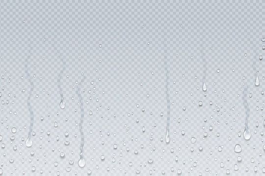 Water drops background. Shower steam condensation drips on transparent glass, rain drops on window. Vector realistic shower water drops