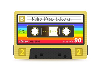 Retro cassette. Vintage 1980s mix tape, stereo sound record technology, old school dj rave party. Vector audio tape label design