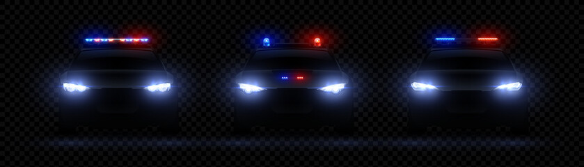 Fototapeta na wymiar Realistic police headlights. Car glowing led light effect, rare and front siren flare, red and blue police light. Vector illustration 3d set