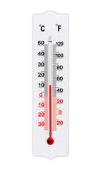 Atmospheric plastic meteorology thermometer isolated on white background. Air temperature plus 12...