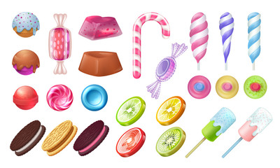 Lollipops and candies. Chocolate and toffee round sweets, caramel bonbon marshmallow and gummy. Vector jellies candies realistic set on white background