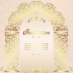 Vintage background mandala card with golden lace ornaments and art deco floral decorative elements