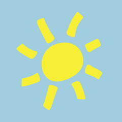 doodle vector illustration of a hand drawn yellow sun, isolated on blue background. Simple icon