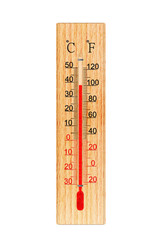 Wooden thermometer isolated on white background. Thermometer shows air temperature plus 38 degrees celsius