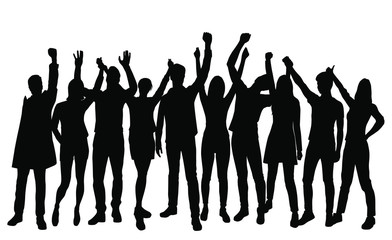 Set silhouettes man and woman standing with hands up, group of people, black color isolated on white background