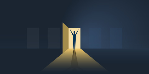     New Possibilities, Hope - Business Finding Solution Vector Concept - Businessman Standing in Front of the Door in the Dark, Symbol of Light at the End of the Tunnel 
