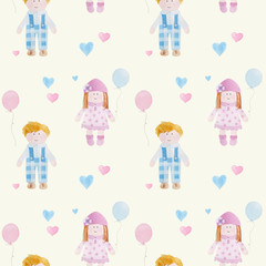 Handmade dolls. Wattercolor pattern