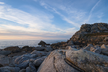 Fototapeta na wymiar Panoramic view of the rocky Breton coast during sunset, France, Brittany, Finistere 