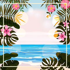 Fototapeta na wymiar Summer tropical background template with exotic palm leaves and plants