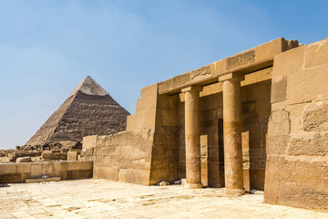 The Pyramid of Khafre (the Pyramid of Chephren) at Giza with the Egyptian temple