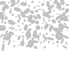 American dollar coins falling. Scattered black and