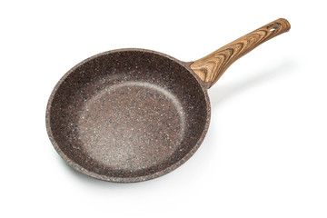 Photo of a ceramic frying pan with a wooden handle isolated on a white background. Studio shot