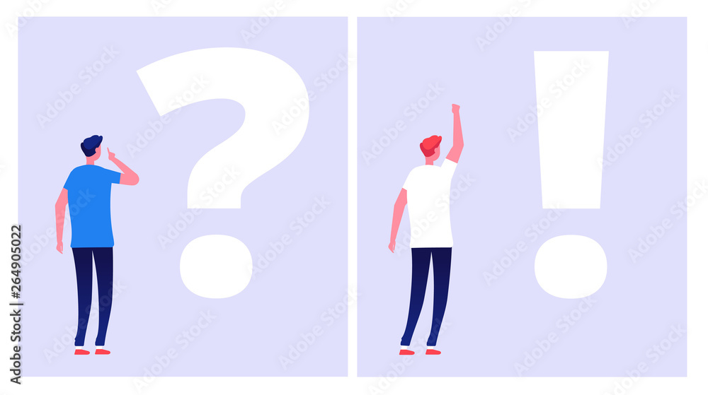 Poster problem solution concept. troubled man student thinking with question mark dilemma understand soluti