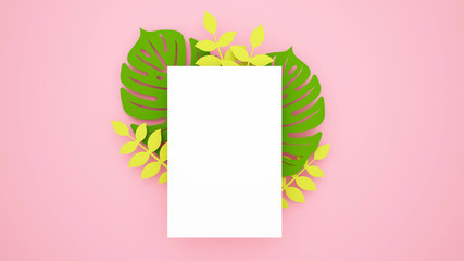 White space on philodendron leaf and pink background. Card template for artwork festival or greeting card. 3D Illustration
