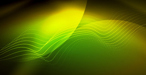 Glowing abstract wave on dark, shiny motion, magic space light. Techno abstract background
