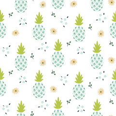Floral pineapple light blue seamless vector print.