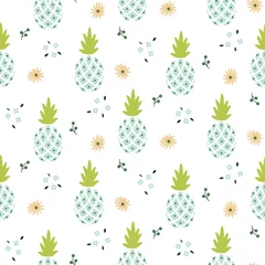 Printed roller blinds Pineapple Floral pineapple light blue seamless vector print.