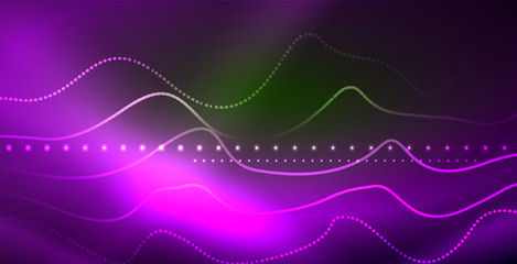 Glowing abstract wave on dark, shiny motion, magic space light. Techno abstract background