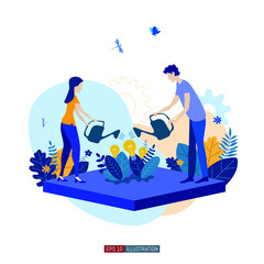 Trendy flat illustration. Сooperation of people who implement the joint idea. Illustration of the idea birth process. Template for your design works. Vector graphics.