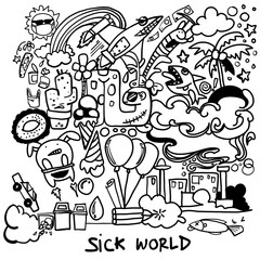 Doodle digital vector draw of sick world with bad environment by human