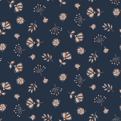 Silhouette hand drawn cute flowers blue and blush colors seamless vector pattern.