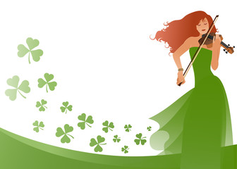 Beautiful violinist playing violin isolated on white background, surrounded by clovers. Blank space for text or design © LaInspiratriz