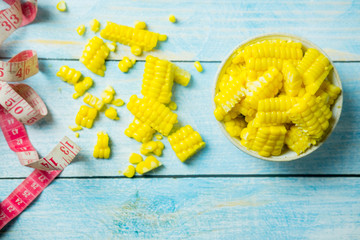 Boiled sweet corn with measuring tape
