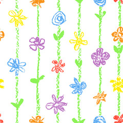 Hand drawn crayon, pastel chalk or pencil colorful seamless pattern with flowers and stroke stripes. Like kid`s drawn style. Vector artistic background. Summer multicolor blossom meadow.