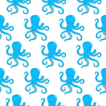Vector seamless pattern with blue octopuses. Cute octopuses have fun