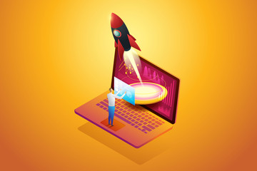 Startup business plan launching a rocket on laptop analysis his company growth and successful. isometric concept. illustration Vector