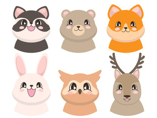 Portraits of cute animals in cartoon style. Rabbit, deer, owl, racoon, bear and fox. Vector illustration