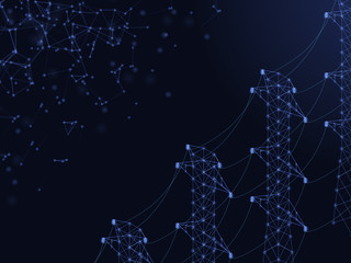 Dark background with High Voltage Power Pylon in isometric style. Steel Powerline Generator. Vector illustration 